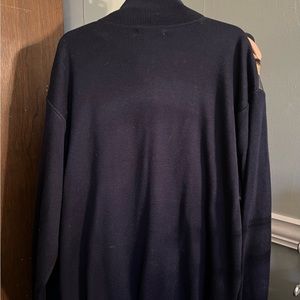 Dark blue sweater / with leather trim zipper and button up front cardigan